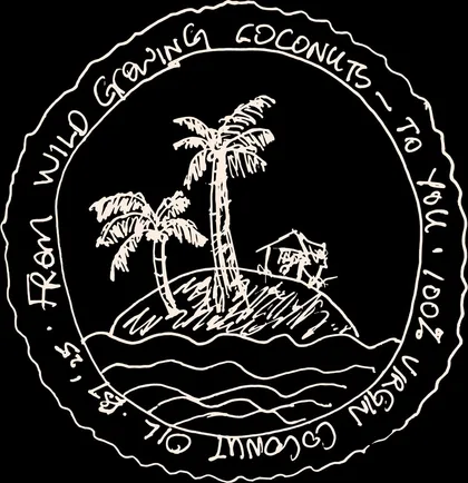 Original Coconut Island badge with hand-drawn palms and island